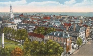 Featured is a postcard image of Charleston, SC...a bird's eye view from St. Michael's Steeple, circa 1915.  The original unused postcard is for sale in The unltd.com Store.